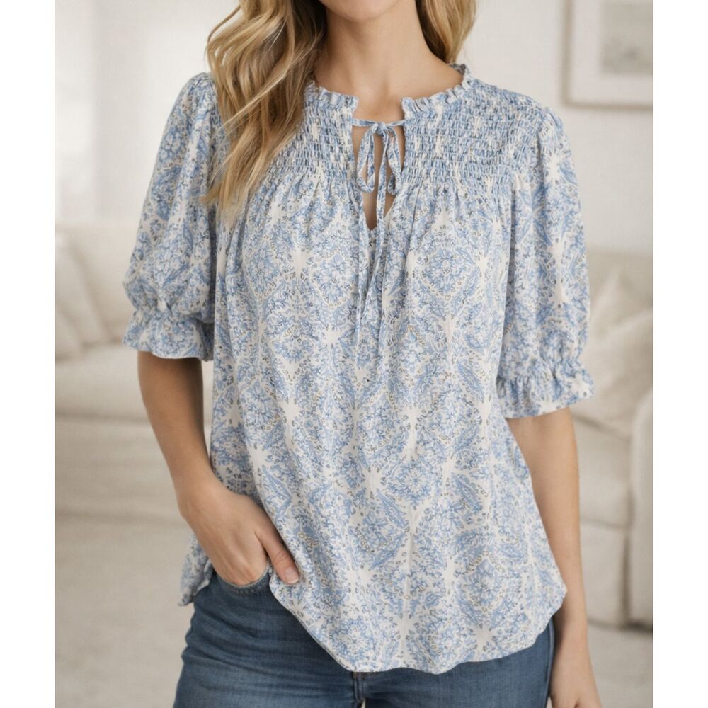 Melloday Boho Smocked Blouse Blue White Tie Neck Stretch Top Women Large - Picture 1 of 6
